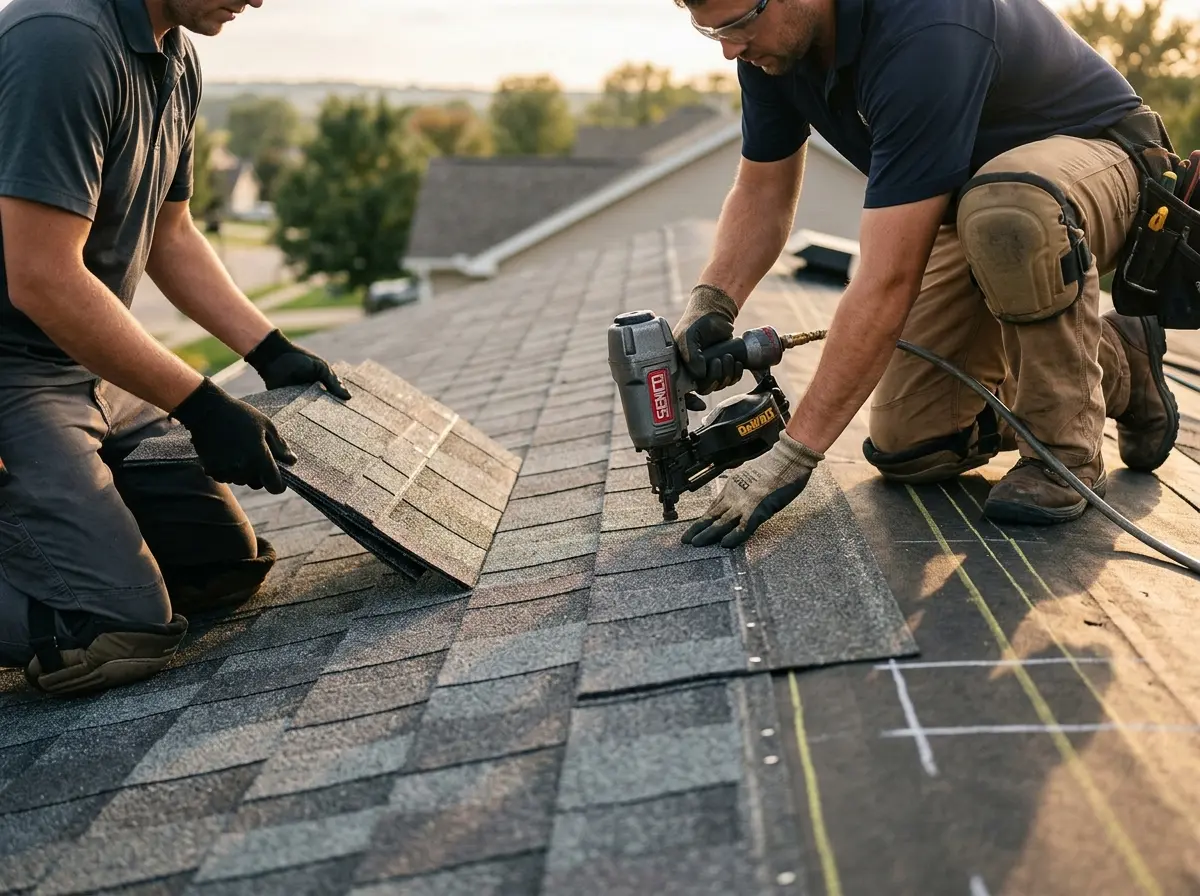 Professional roofer working on a residential roof in Griffin